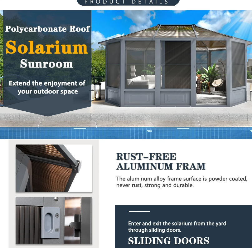 EROMMY 12X15 Solarium Room for 4 Season with Sliding Door – Grey SP-EY-US-BAAG009GY