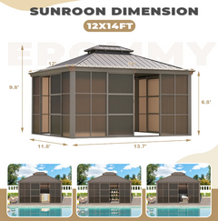 EROMMY 12X14 Florida Sunroom for Backyard Greenhouse with Sliding Door – Brown SP-EY-US-WQG055