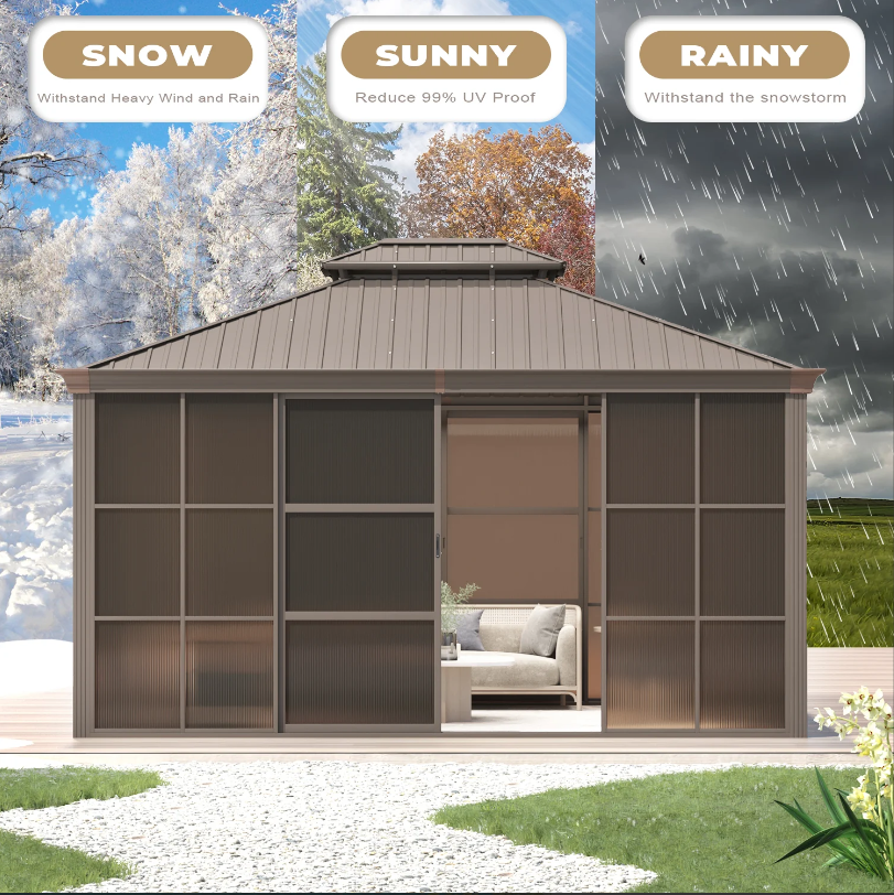 EROMMY 12X14 Florida Sunroom for Backyard Greenhouse with Sliding Door – Brown SP-EY-US-WQG055