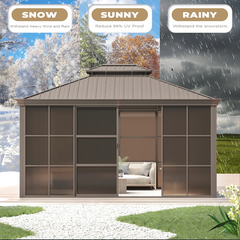 EROMMY 12X14 Florida Sunroom for Backyard Greenhouse with Sliding Door – Brown SP-EY-US-WQG055