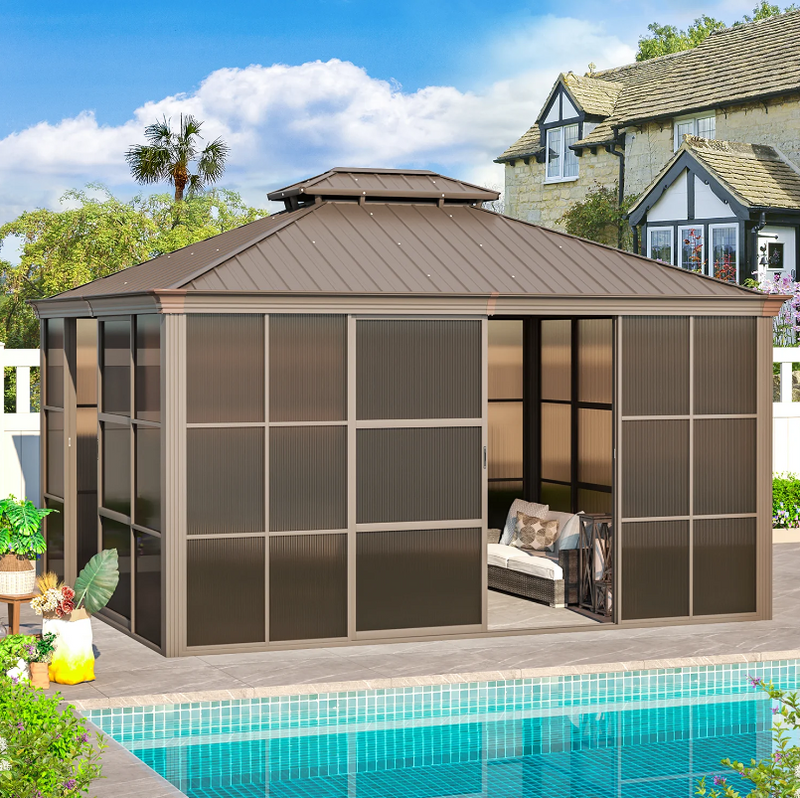 EROMMY 12X14 Florida Sunroom for Backyard Greenhouse with Sliding Door – Brown SP-EY-US-WQG055