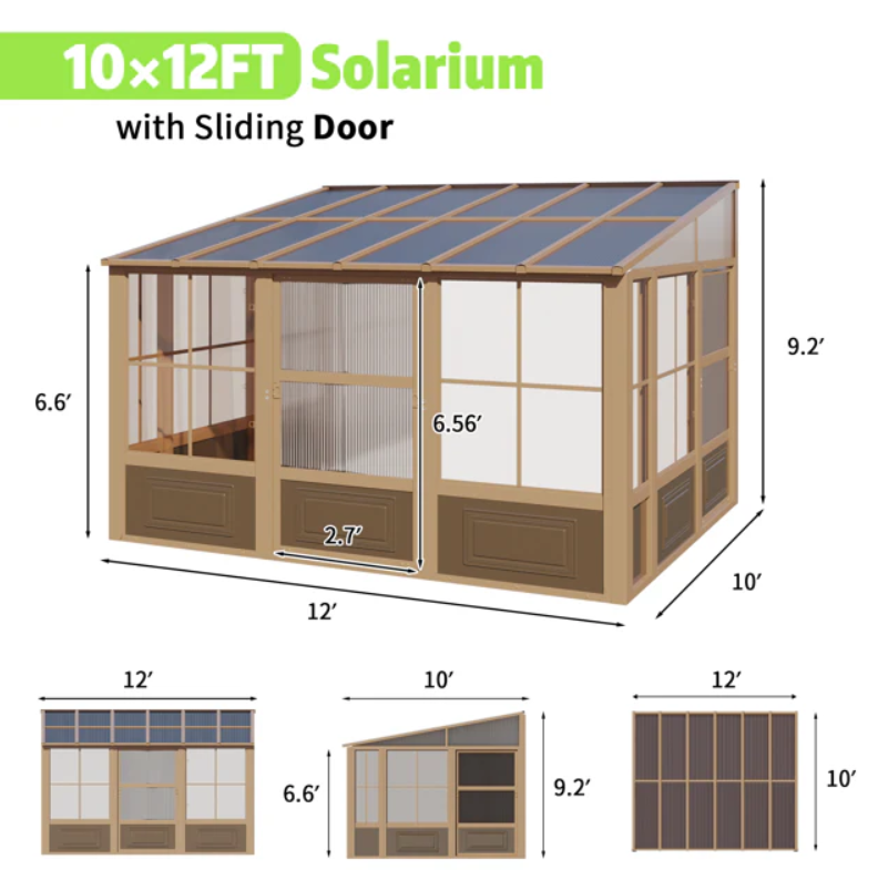 EROMMY 10X12 Wall Mounted Sunroom with Prefab 4-season Design – Brown SP-EY-US-WQG106BR