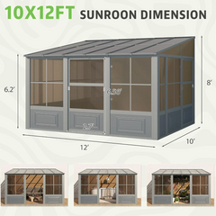 EROMMY 10X12 Wall Mounted Sunroom with Prefabricated 4-season Design – Grey SP-EY-US-WQG106GY