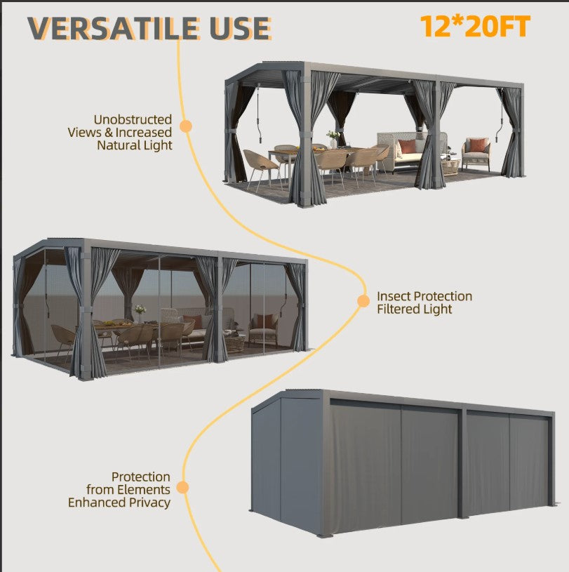 EROMMY 12X20 V-Shape Outdoor Pergola with Curtains – Dark Grey  WQG130BK