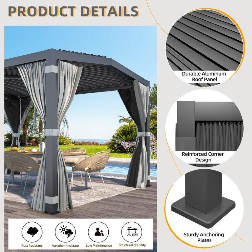 EROMMY 12X20 V-Shape Outdoor Pergola with Curtains – Dark Grey  WQG130BK