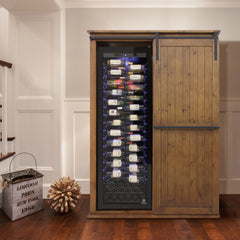 Vinotemp Rustic Wood Wine Cellar Cabinet with Sliding Barn Door, 60" x 81", in Golden Oak  VT-RUSTICAB2D