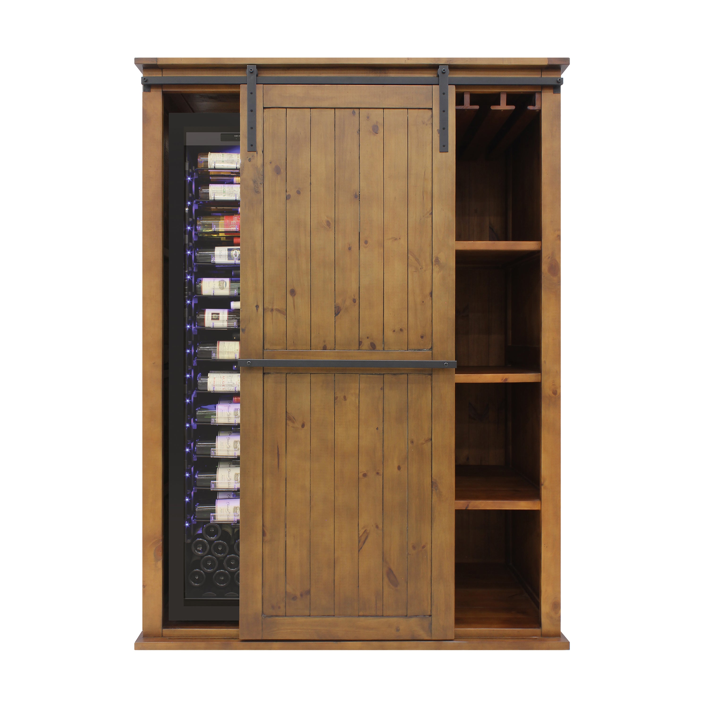 Vinotemp Rustic Wood Wine Cellar Cabinet with Sliding Barn Door, 60" x 81", in Golden Oak  VT-RUSTICAB2D