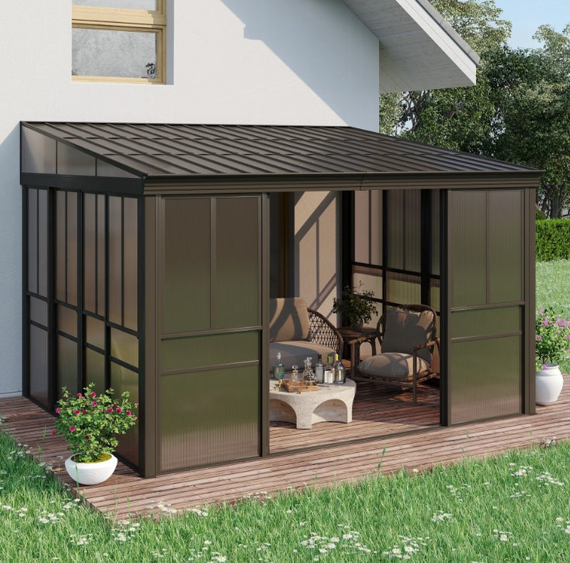 EROMMY 10 Ft. W x 12 Ft. D Wall Mounted Gazebo, All-Season Patio Gazebo Sunroom with Side Door XWG336BN