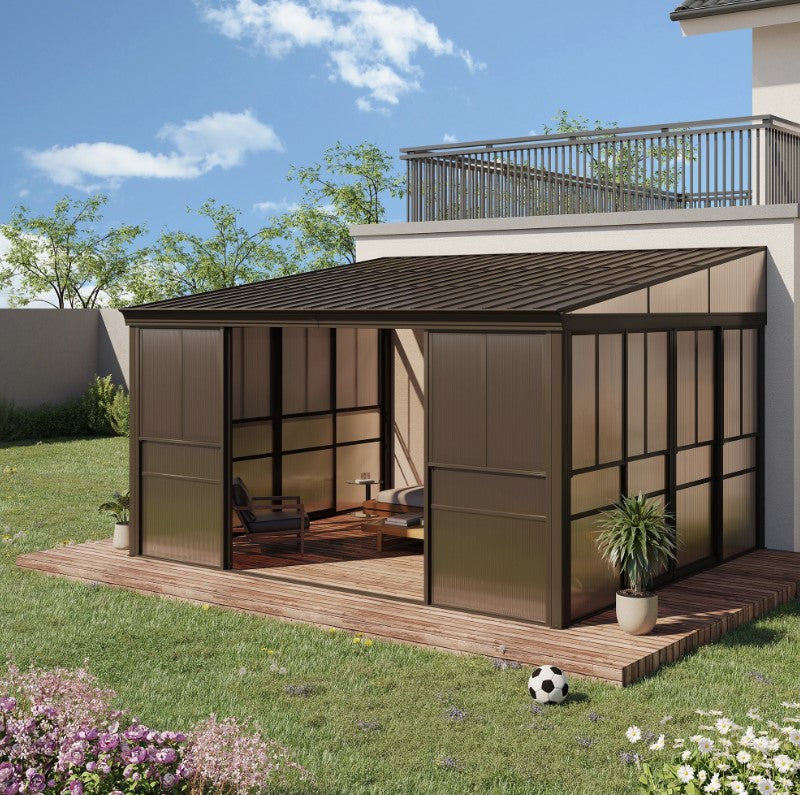 EROMMY 12 Ft. W x 14 Ft. D Wall Mounted Gazebo, All-Season Patio Gazebo Sunroom with Side Door XWG338BN