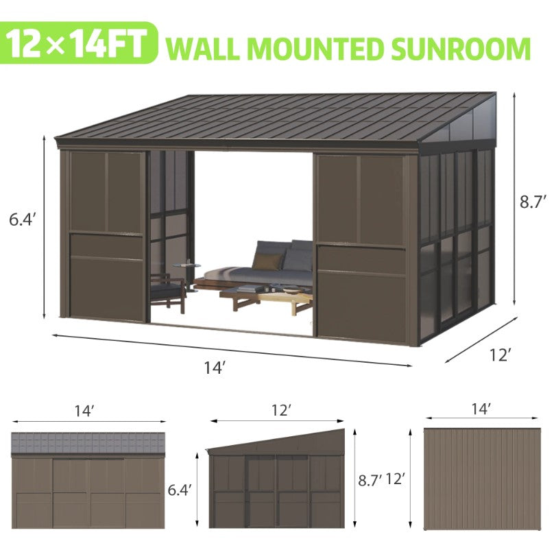 EROMMY 12 Ft. W x 14 Ft. D Wall Mounted Gazebo, All-Season Patio Gazebo Sunroom with Side Door XWG338BN