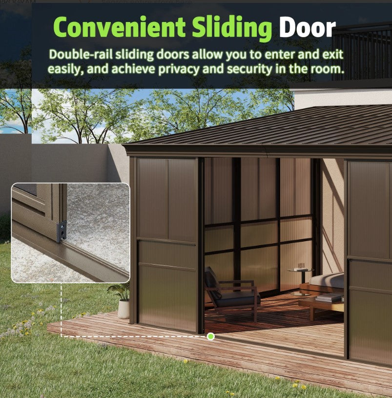 EROMMY 12 Ft. W x 14 Ft. D Wall Mounted Gazebo, All-Season Patio Gazebo Sunroom with Side Door XWG338BN