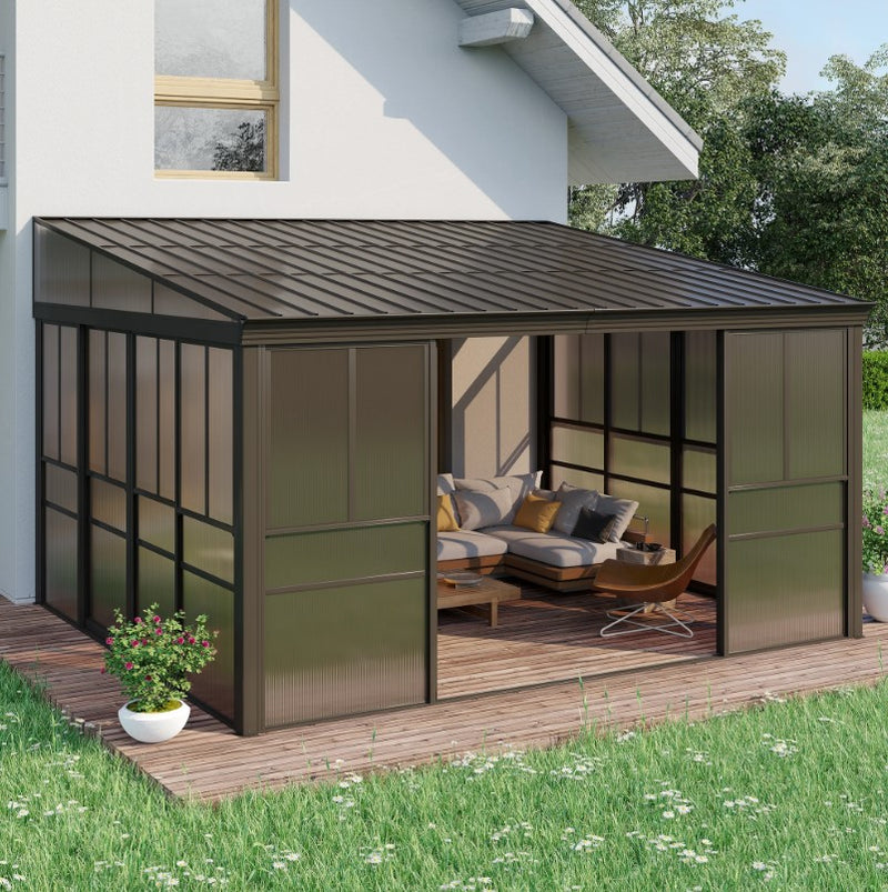 EROMMY 12 Ft. W x 14 Ft. D Wall Mounted Gazebo, All-Season Patio Gazebo Sunroom with Side Door XWG338BN