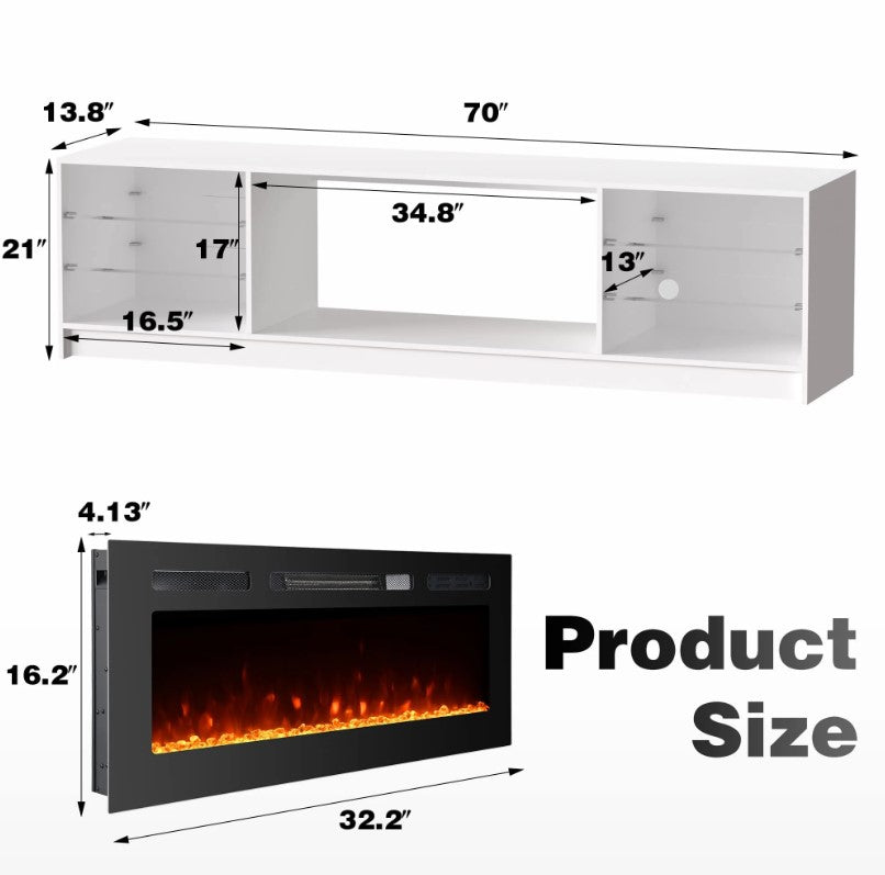 EROMMY 70 Inch TV Stand with Electric Fireplace for TVs Up to 70 Inch – White WQHM-020WH-A-WQHM-020BK-B-SP-EY-US